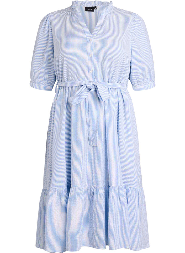 Striped midi dress in cotton with a tie-belt, White, Packshot image number 0
