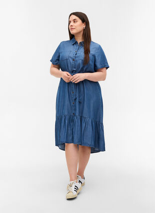Short-sleeved denim midi dress, Medium Blue denim, Model image number 0