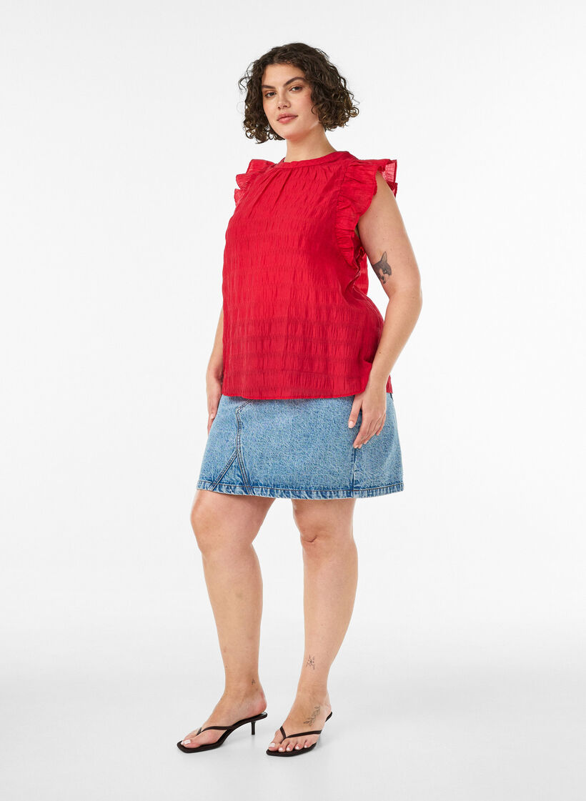 Sleeveless blouse with texture and ruffles, Red, Model image number 1