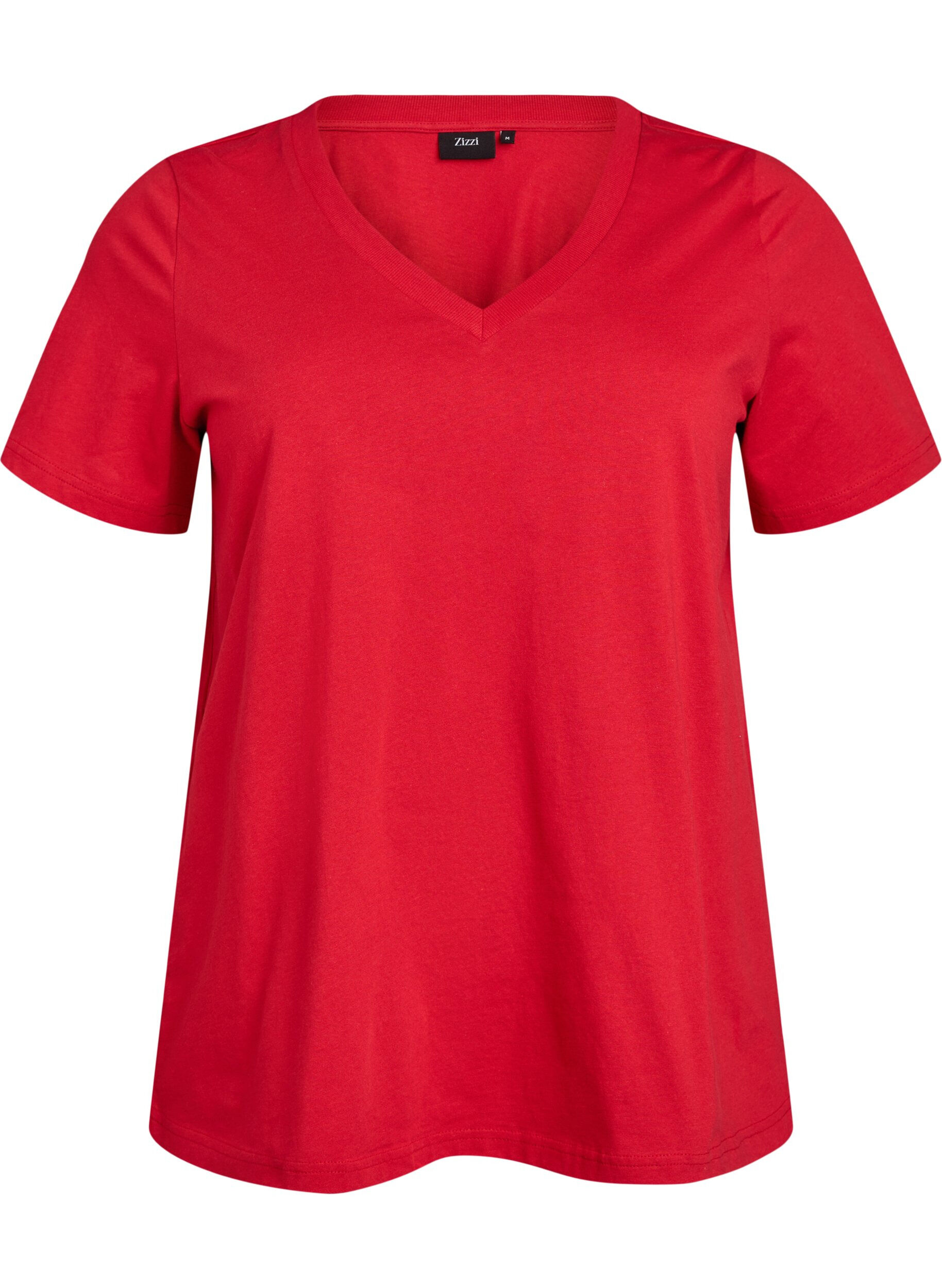 Zizzifashion Basic cotton T-shirt with a V-neck, Red, Packshot image number 0