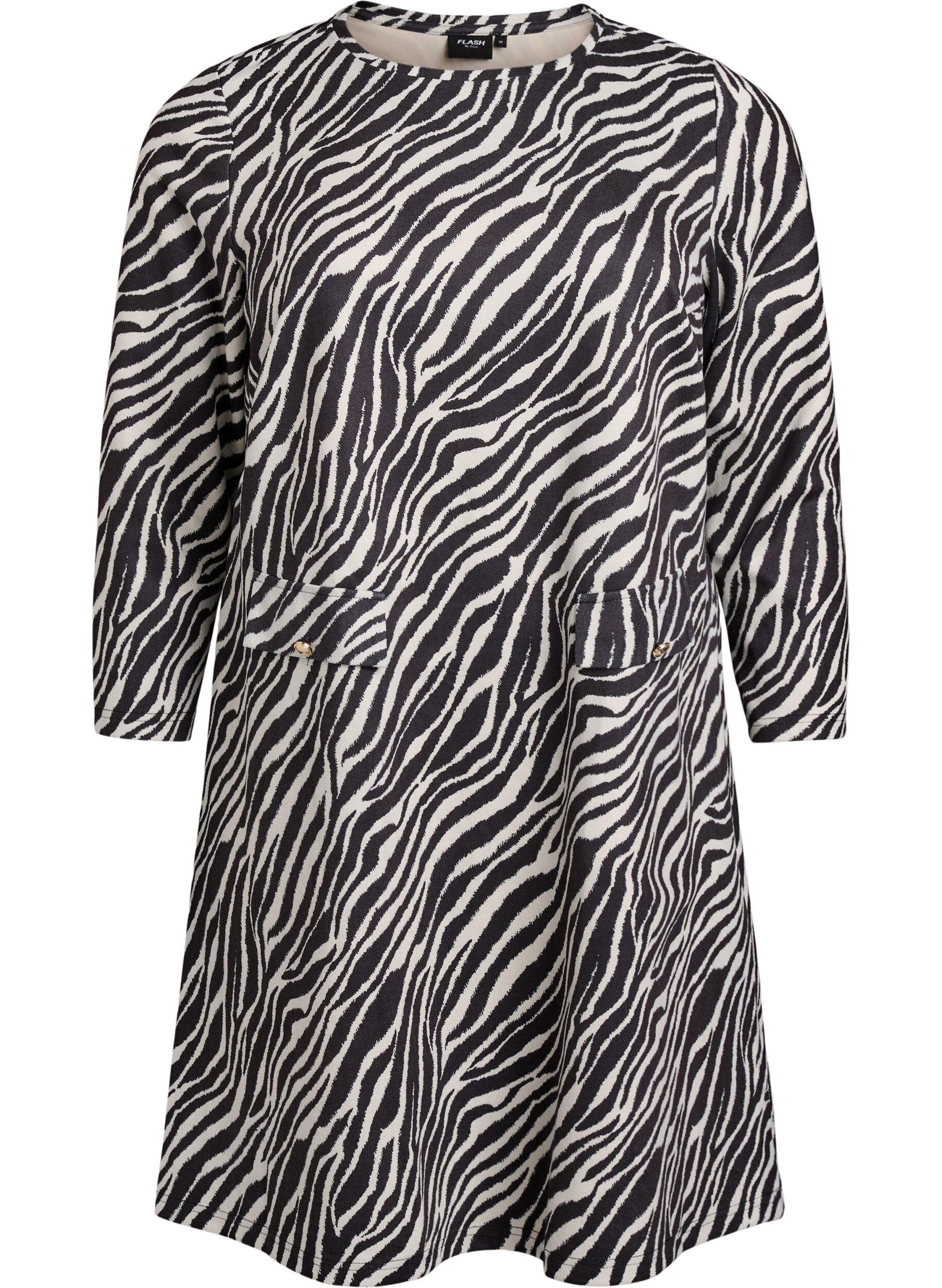 Zizzifashion FLASH - Short A-line dress with 7/8 sleeves, Black, Packshot image number 0