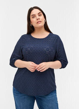 Blouse with 3/4-length sleeves and broderie anglaise, Mood Indigo, Model image number 0