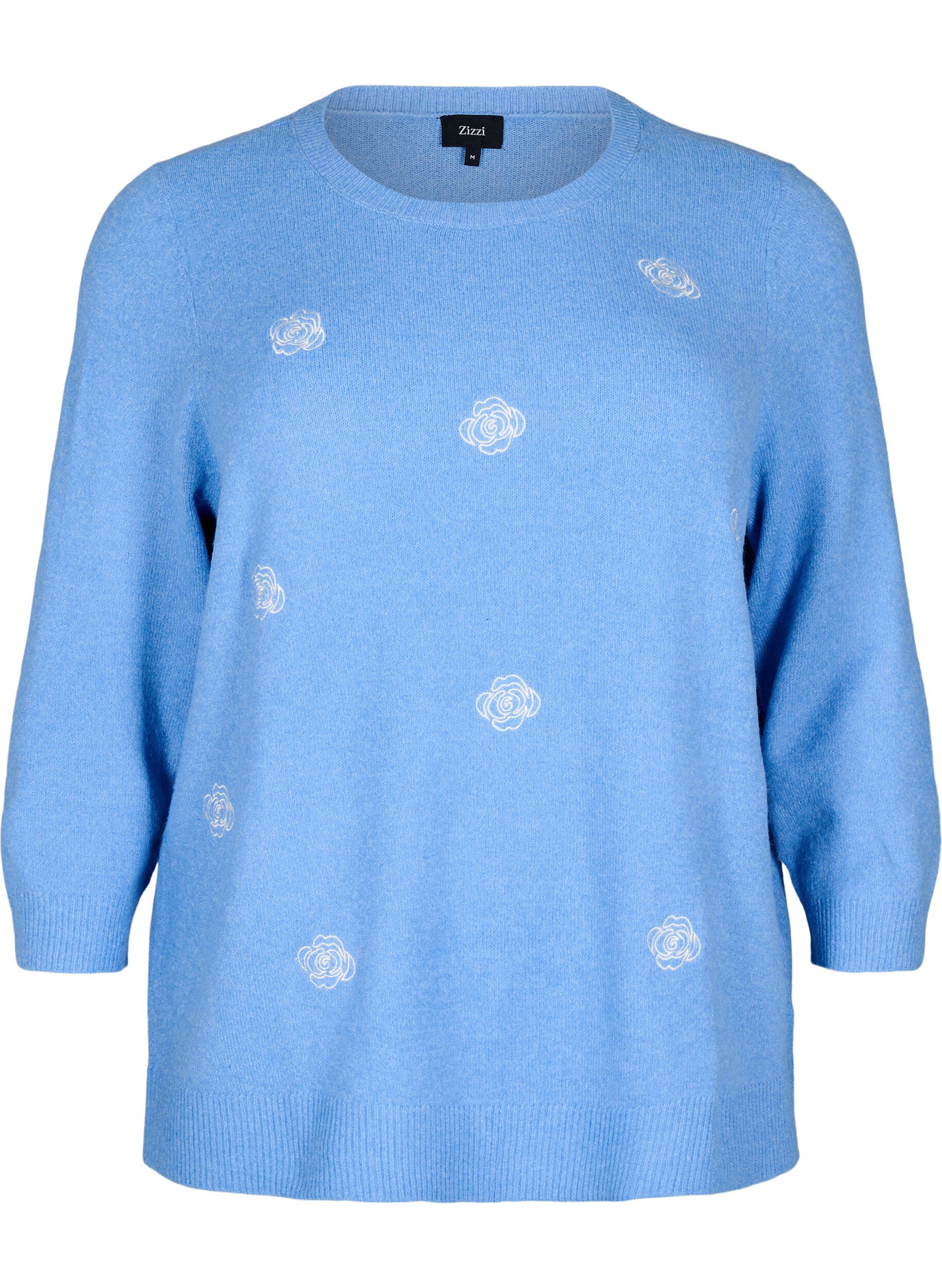 Zizzifashion Knitted blouse with flowers and 3/4 sleeves, Della R. Blue Mel., Packshot image number 0