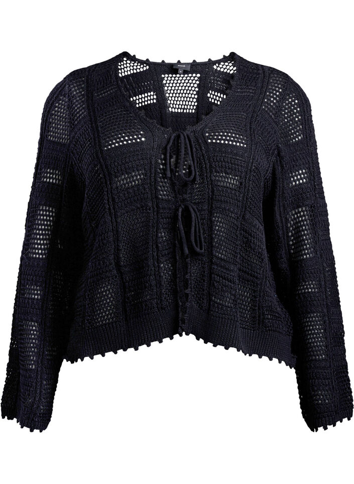 Knitted cardigan with ties and an openwork pattern, Black, Packshot image number 0