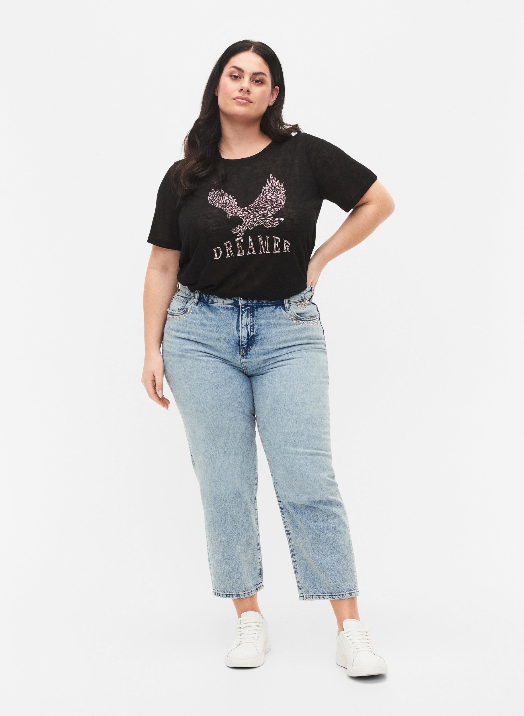 Zizzifashion Cropped Vera jeans with studs, Light blue denim, Model image number 0