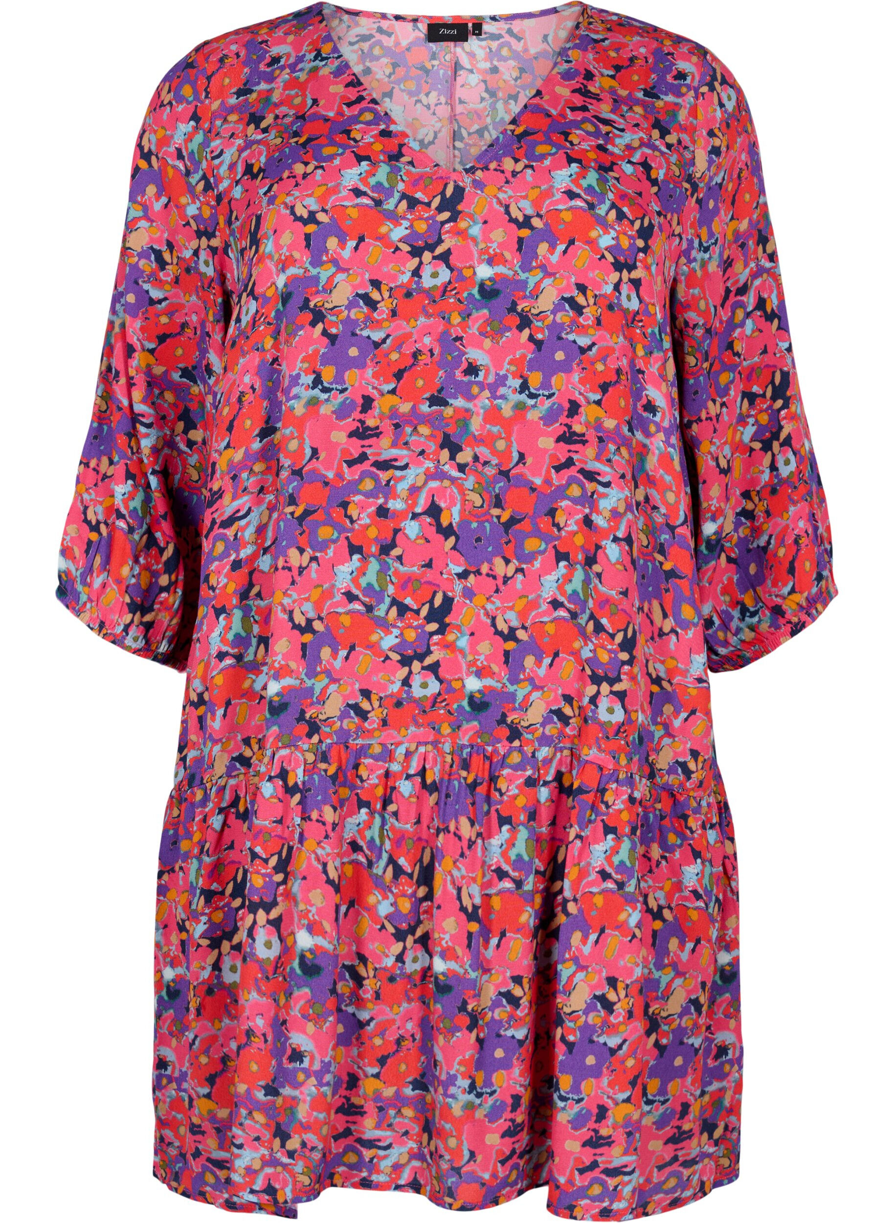Zizzifashion Viscose tunic with A-line cut, Pink Small FL. AOP, Packshot image number 0