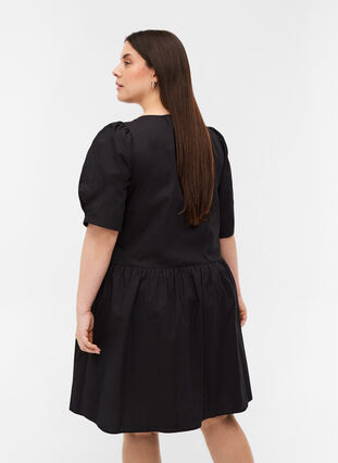 Cotton shirt dress with puff sleeves, Black, Model image number 1