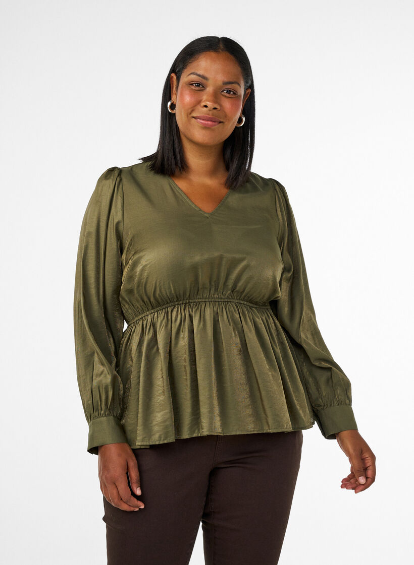 Shiny viscose blouse with peplum effect, Green, Model image number 0