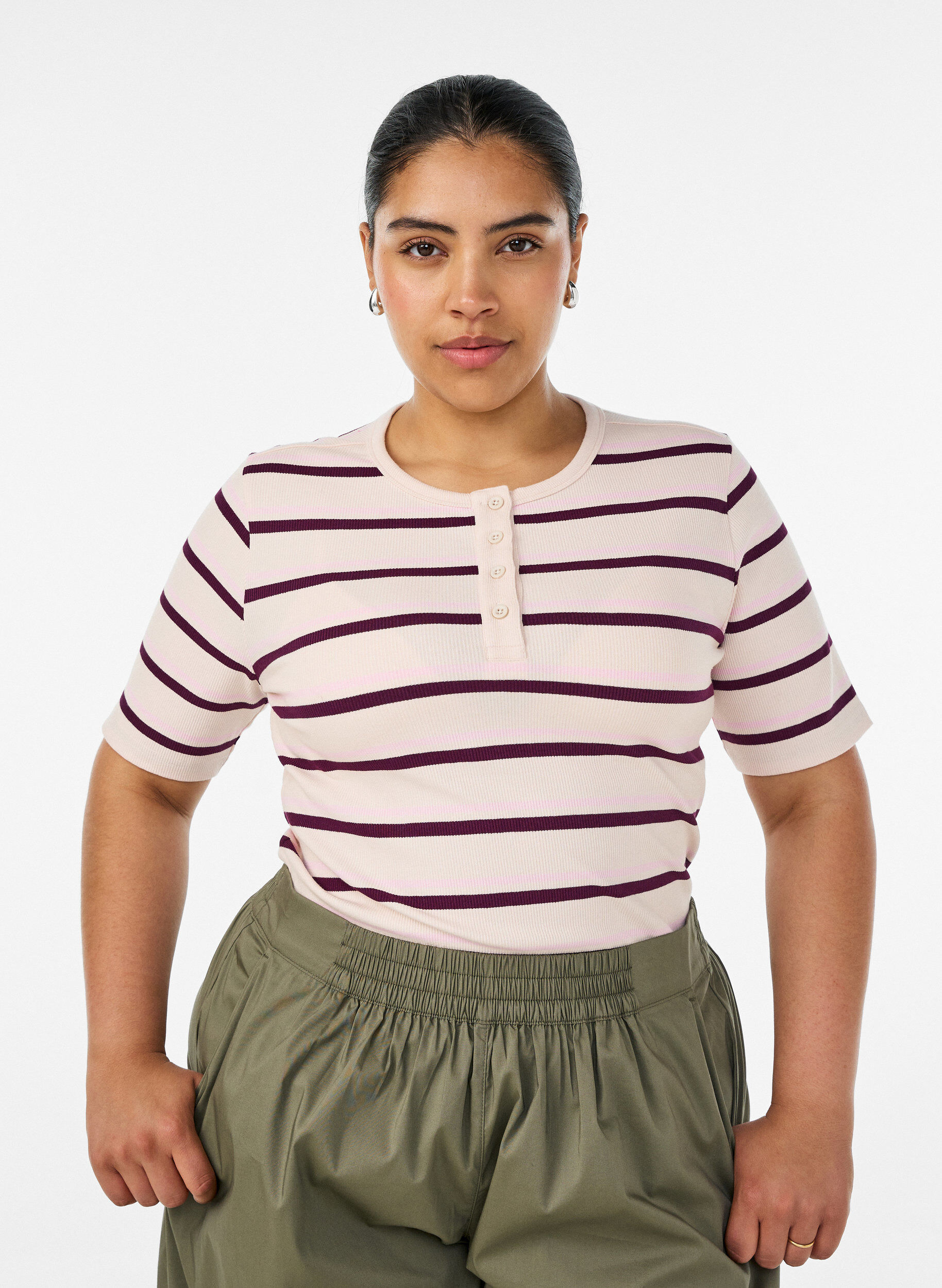 Zizzifashion Rib T-shirt with stripes and button detail, Purple, Model image number 0