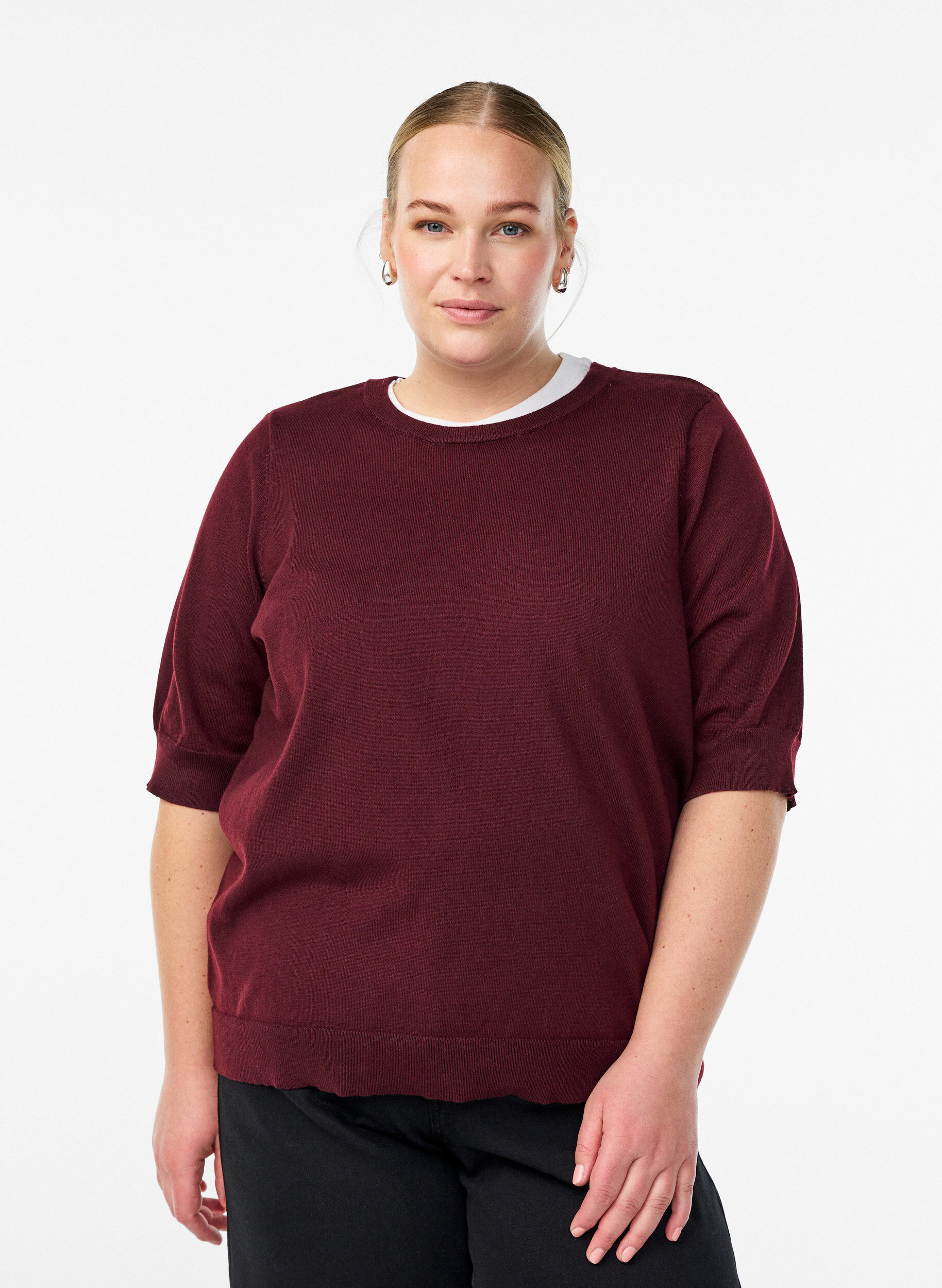 ZizzifashionFine-knit blouse with short sleeves, Red, Model image number 0