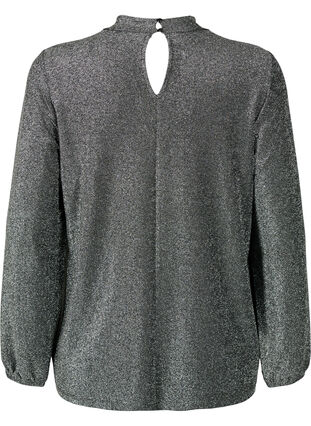 Long-sleeved glitter blouse with round neck and V-detail, Black Silver, Packshot image number 1