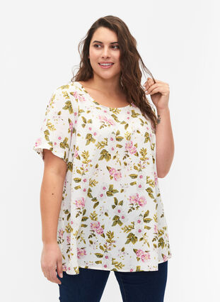 FLASH - Blouse with short sleeves and print, Off White Flower, Model image number 0