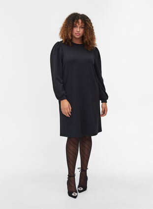 Balloon-sleeved sweatshirt dress, Black, Model image number 2