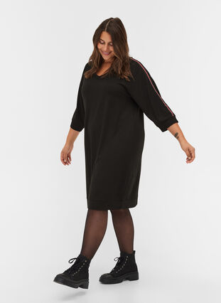 3/4 sleeve dress with track stripe, Black, Model image number 2