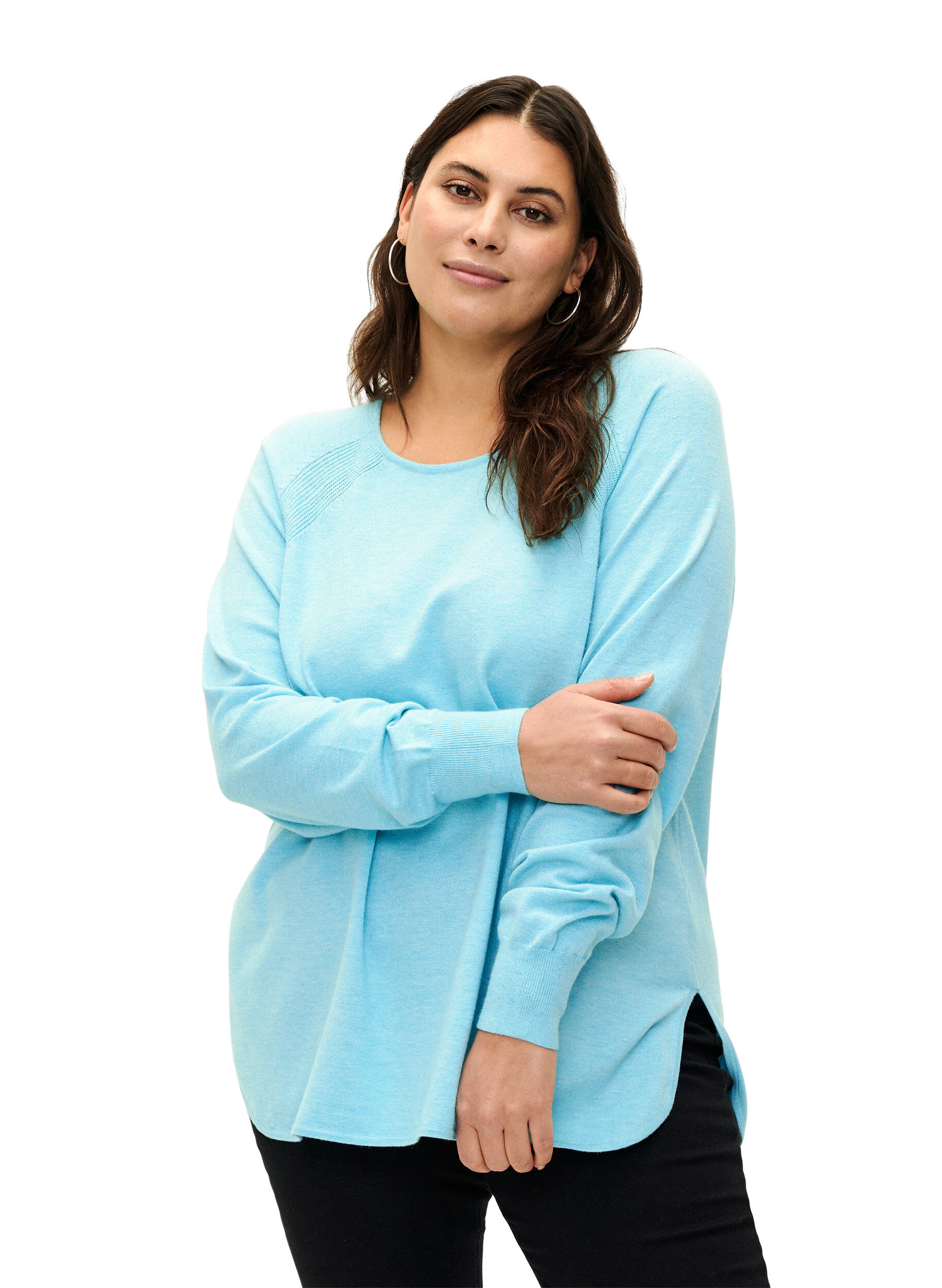 Zizzifashion Knitted blouse with Raglan sleeves, Blue Curacao Mel., Model image number 0
