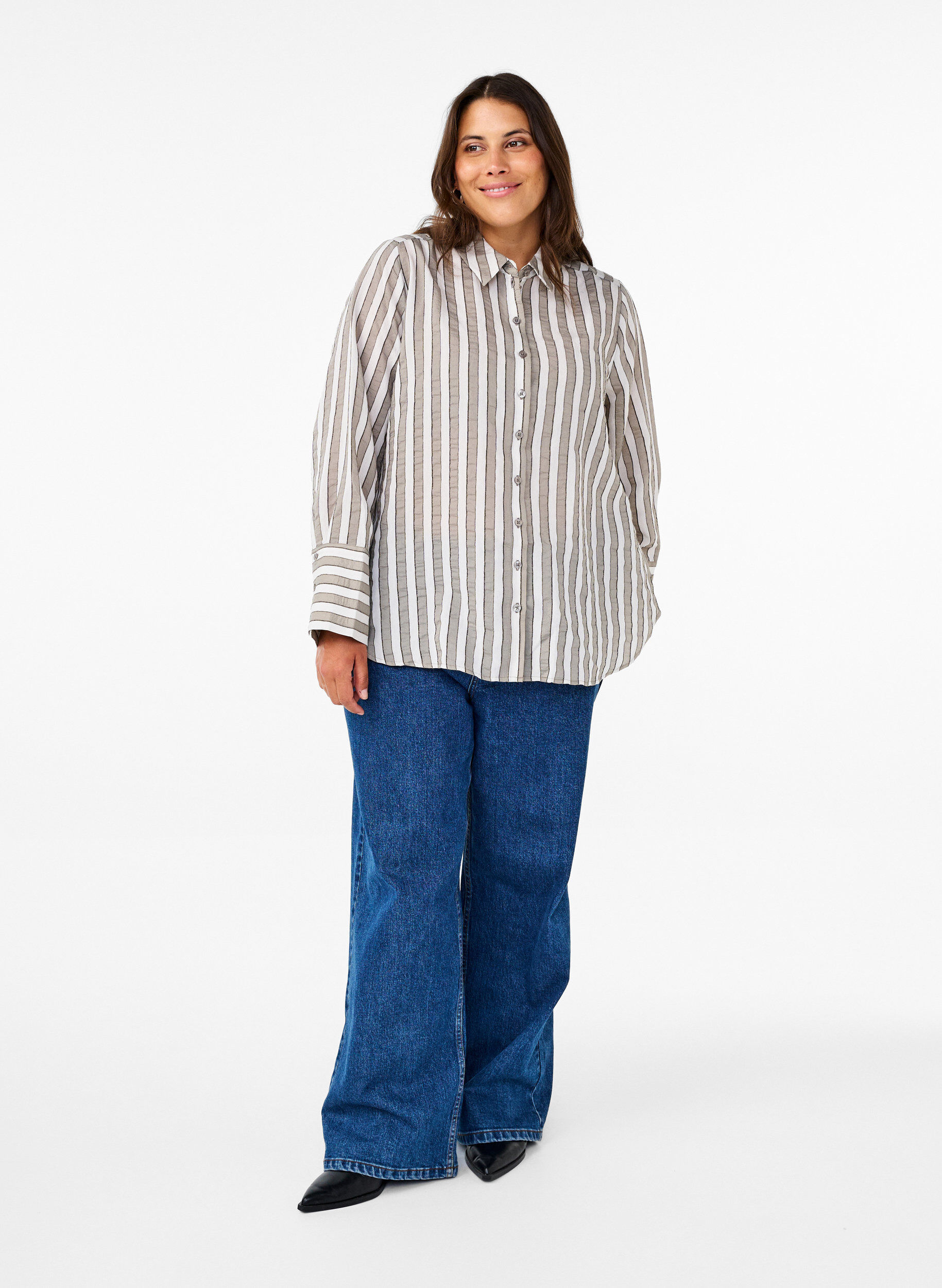 Zizzifashion Loose shirt with stripes, Beige, Model image number 1