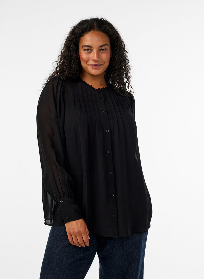 Viscose blouse with a ruffle collar, Black, Model image number 0