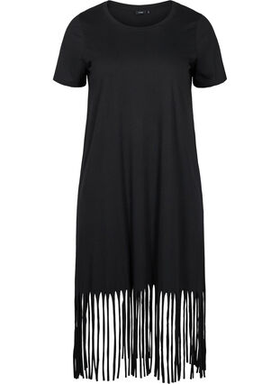 Short-sleeved cotton dress with fringe, Black, Packshot image number 0