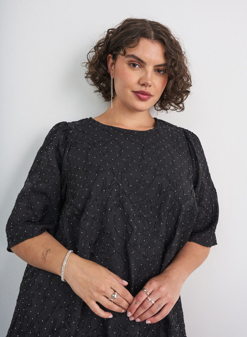 Jacquard dress with sparkly details and puff sleeves, Black, Model image number 3