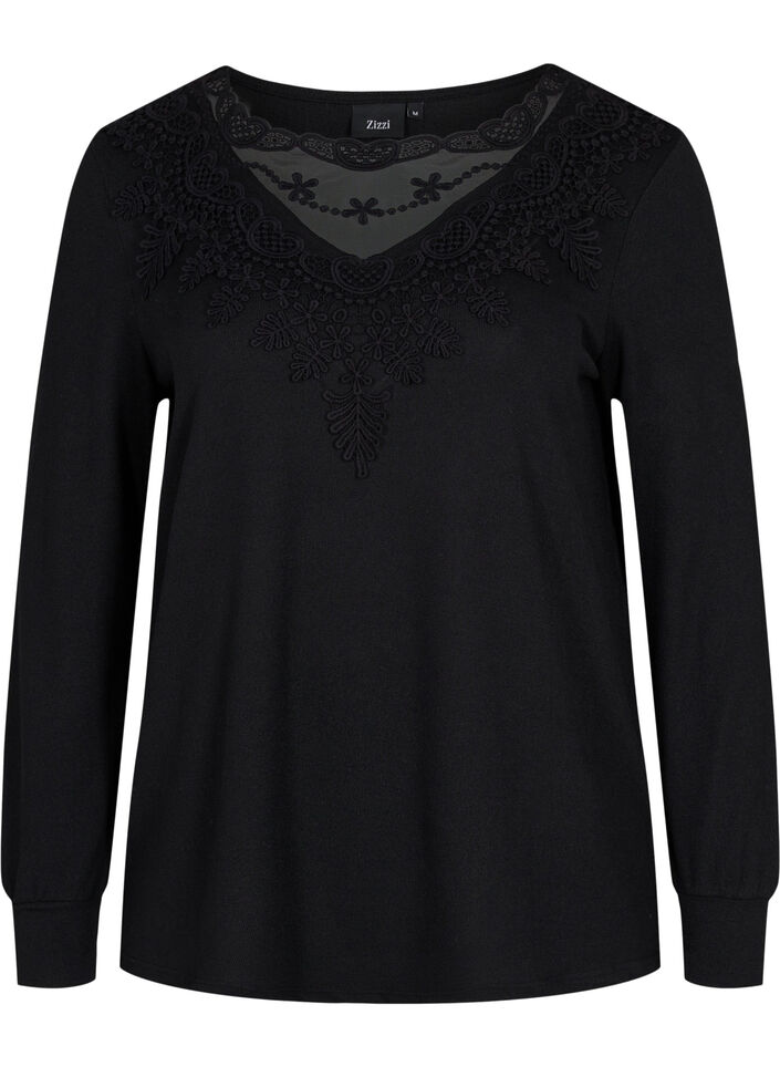 Long-sleeved blouse with lace details, Black, Packshot image number 0