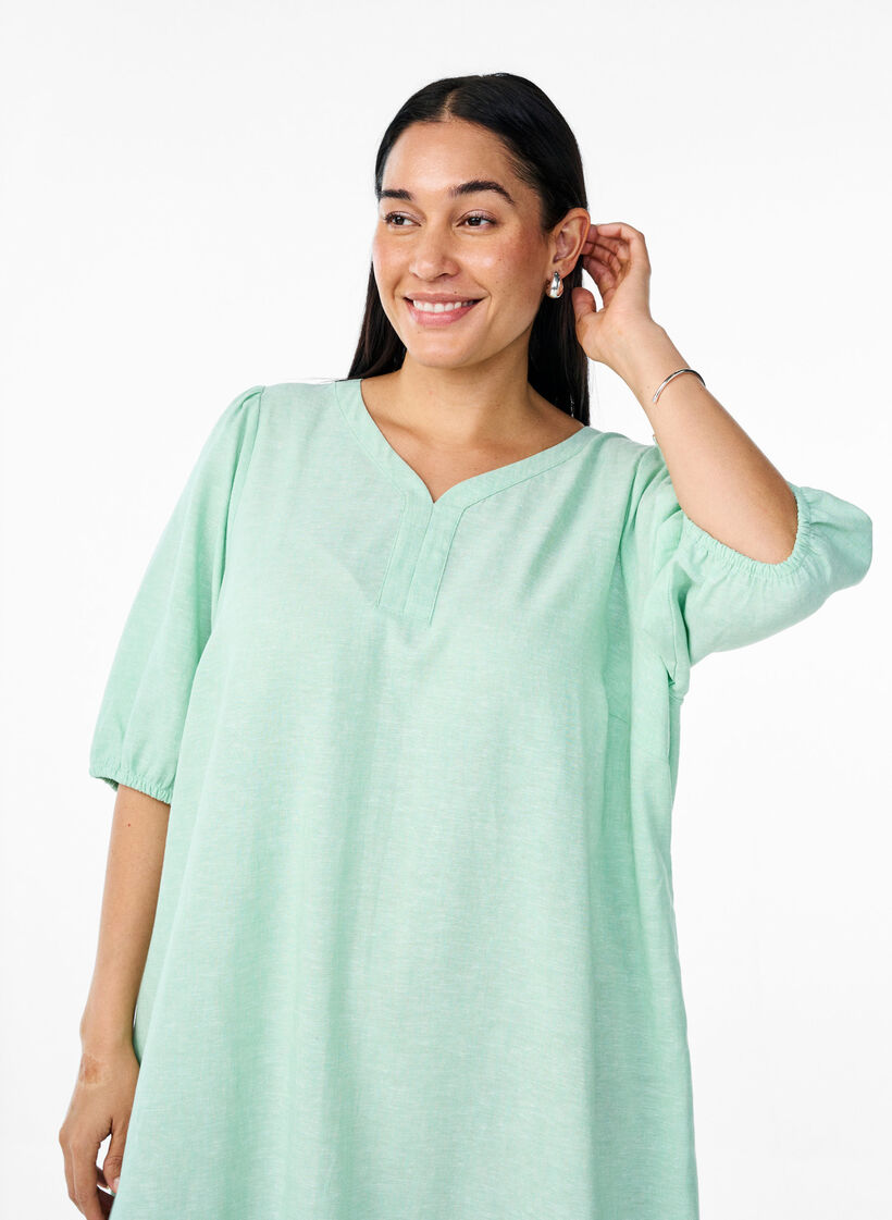 Midi dress in linen and viscose with short sleeves, Green, Model image number 2
