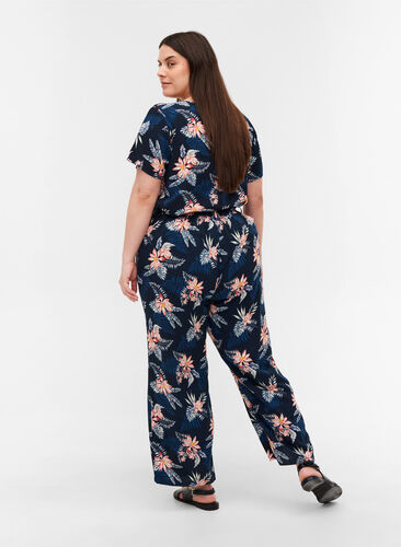 Viscose trousers with print and pockets, Blue Flower Leaf AOP, Model image number 1