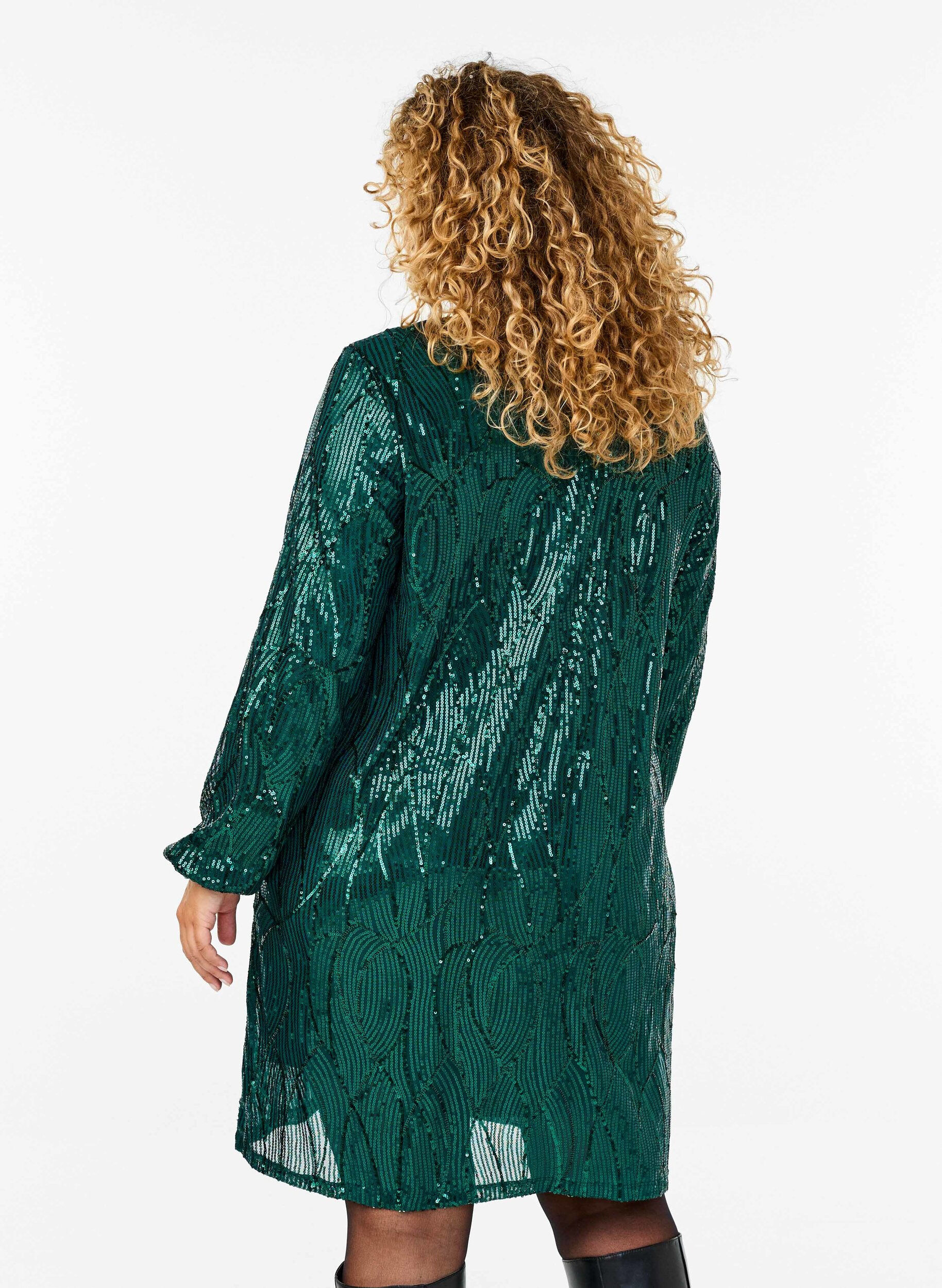 Zizzifashion Long-sleeved sequin dress with pattern, Rain Forest, Model image number 1