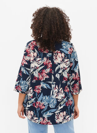 Floral blouse with 3/4 sleeves, Navy Flower, Model image number 1
