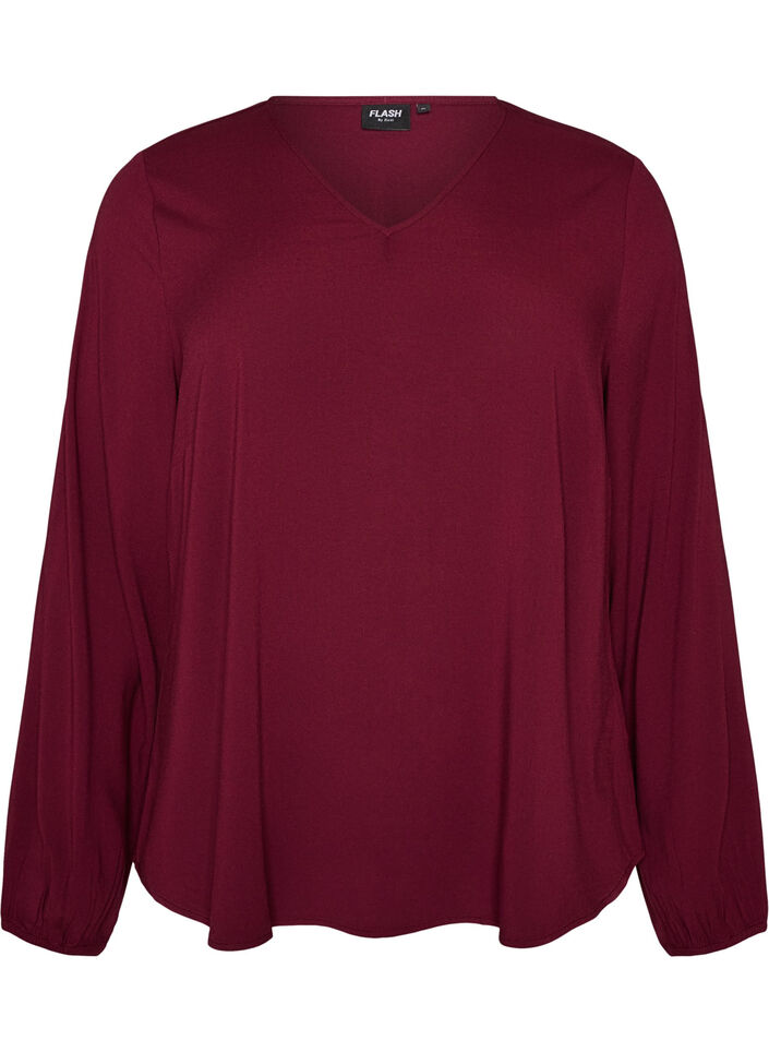 Viscose blouse with V-neck and rounded hem, Red, Packshot image number 0