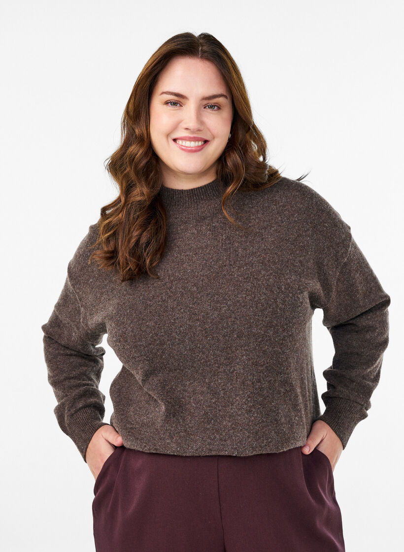 Knitted blouse with organic cotton and merino wool, Brown, Model image number 0