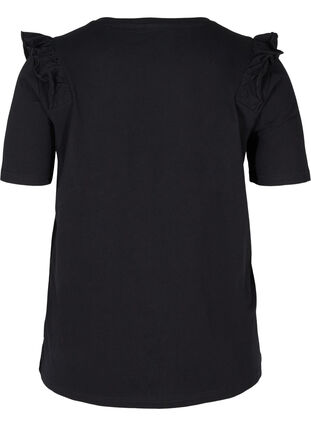 Short-sleeved cotton t-shirt with ruffles, Black, Packshot image number 1