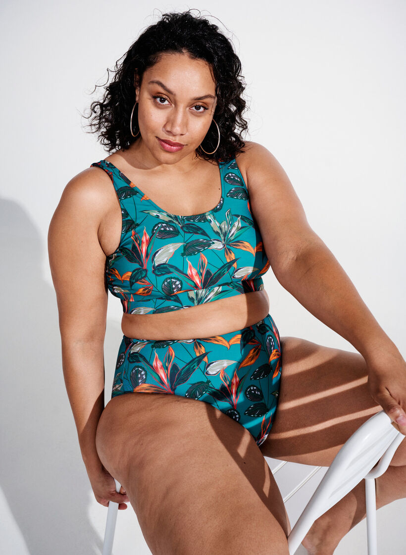 High-waisted bikini bottoms with print, Turquoise, Image image number 0