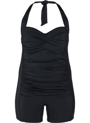 Swimsuit with legs and draping, Black, Packshot image number 0