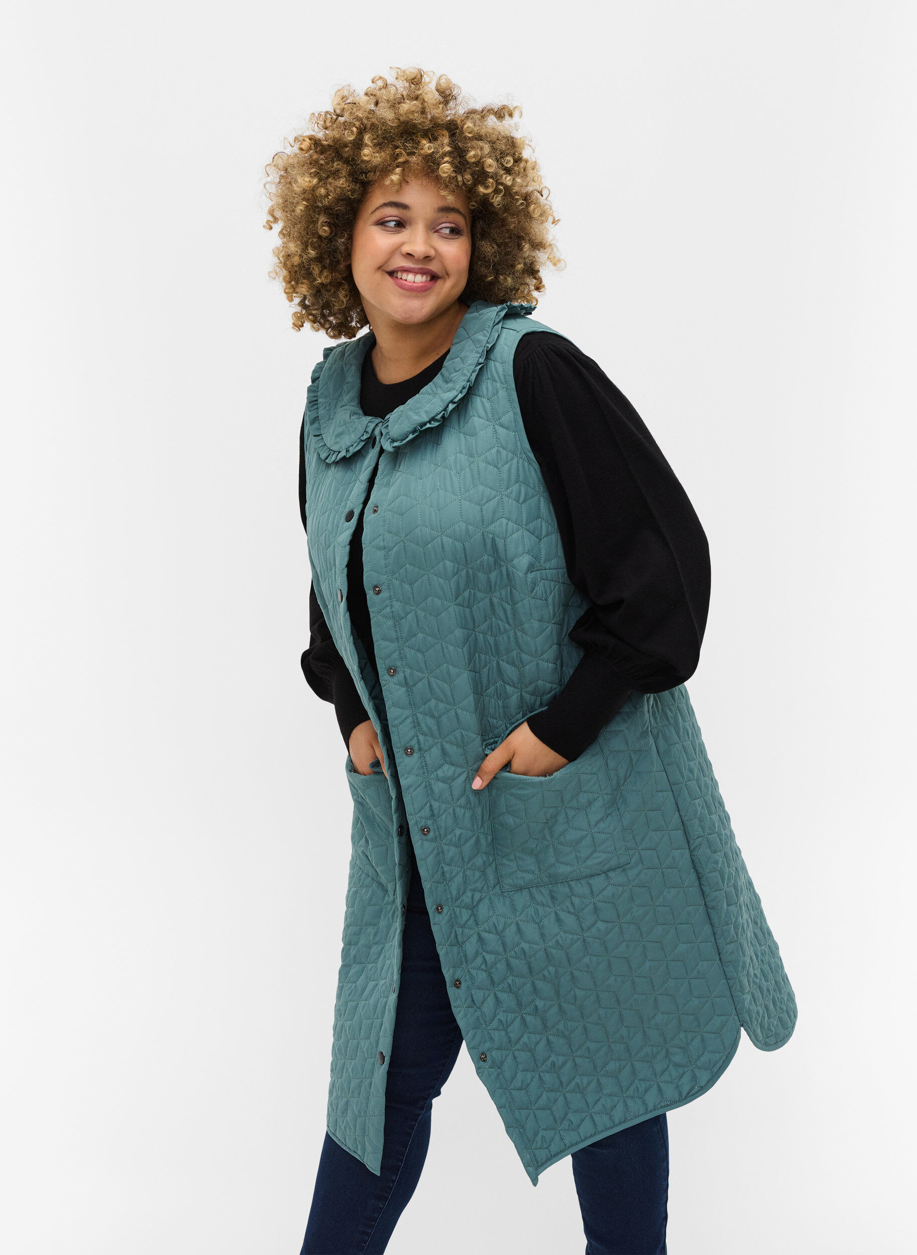 Zizzifashion Long quilted vest with collar and frills, Sagebrush Green, Model image number 0