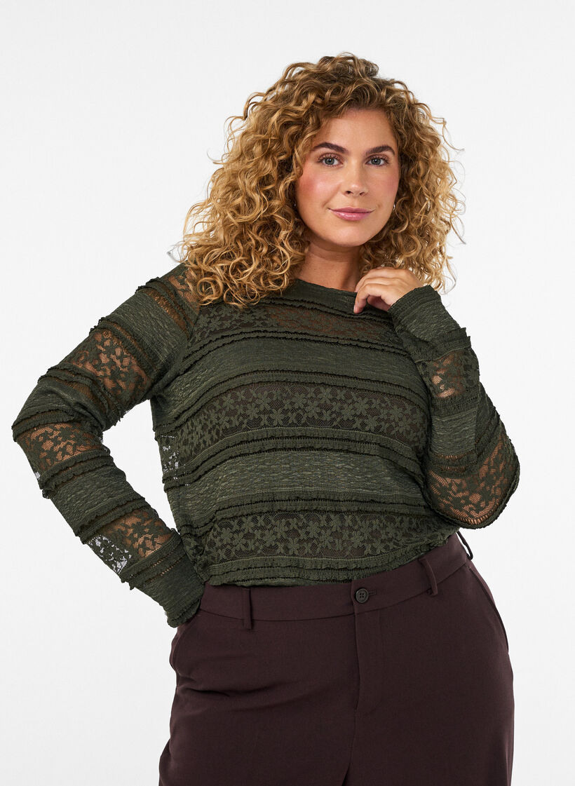 Lace blouse with long sleeves, Green, Model image number 0