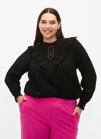 Viscose blouse with ruffles and embroidery detail, Black, Model
