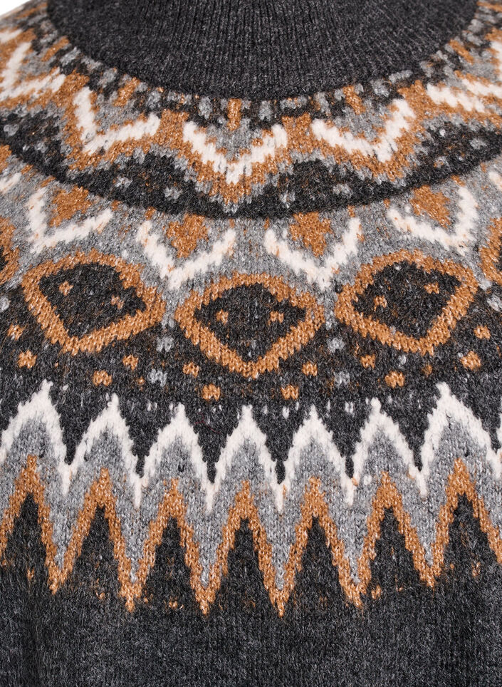 Knitted dress with jacquard pattern and balloon sleeves, Dark Grey, Packshot image number 2