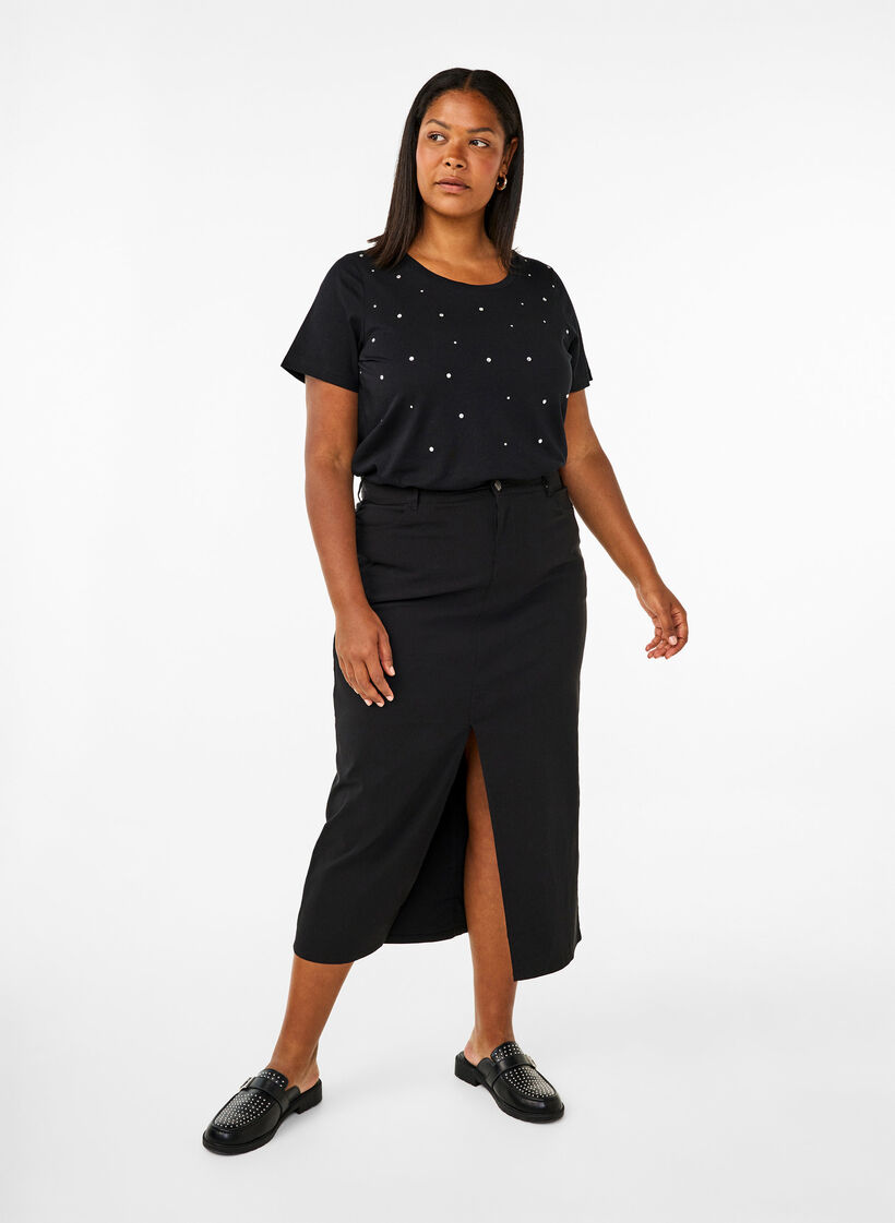 Cotton T-shirt with rhinestones, Black, Model image number 3