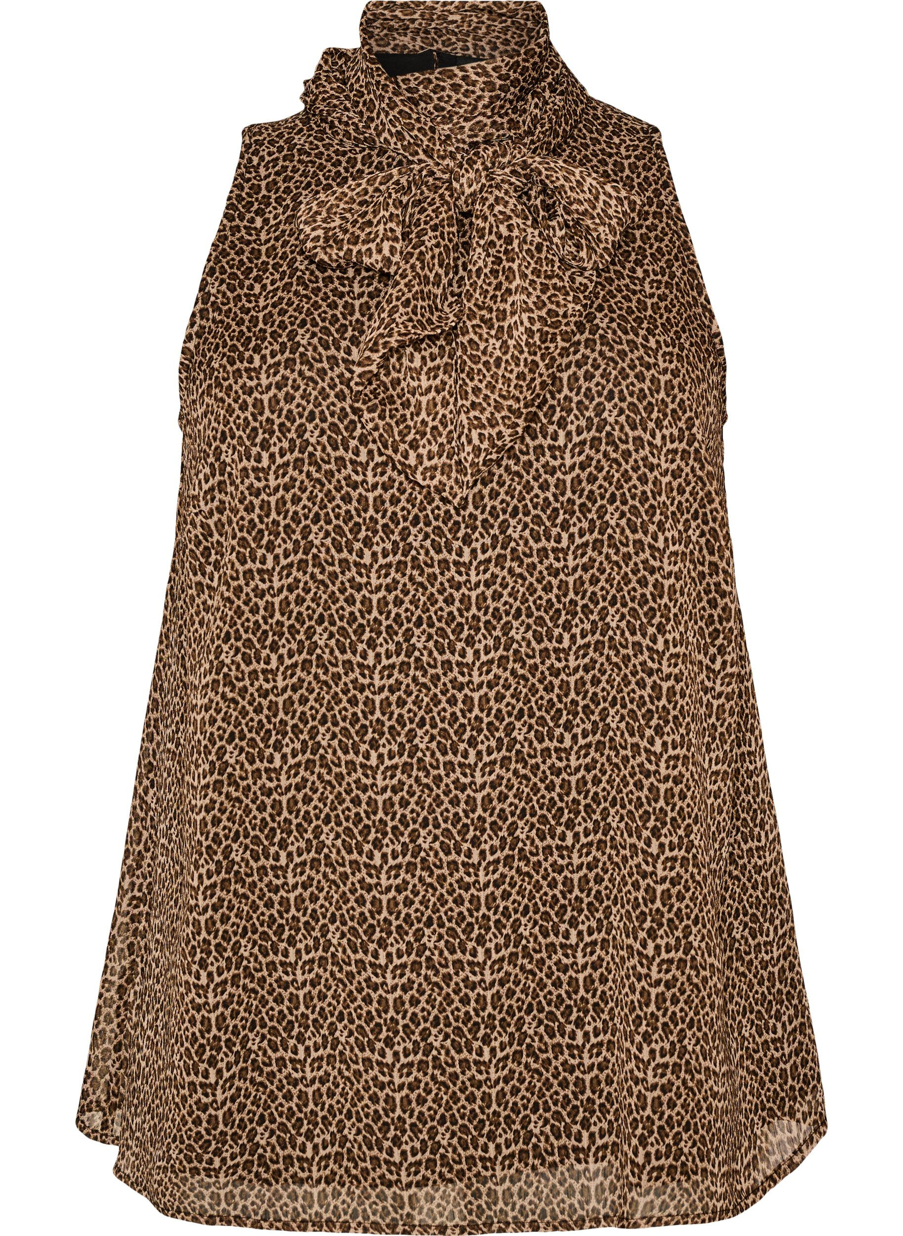Zizzifashion High-neck sleeveless blouse with a bow, Brown, Packshot image number 0