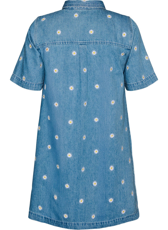 Short denim dress with embroidered flowers, Light Blue, Packshot image number 1