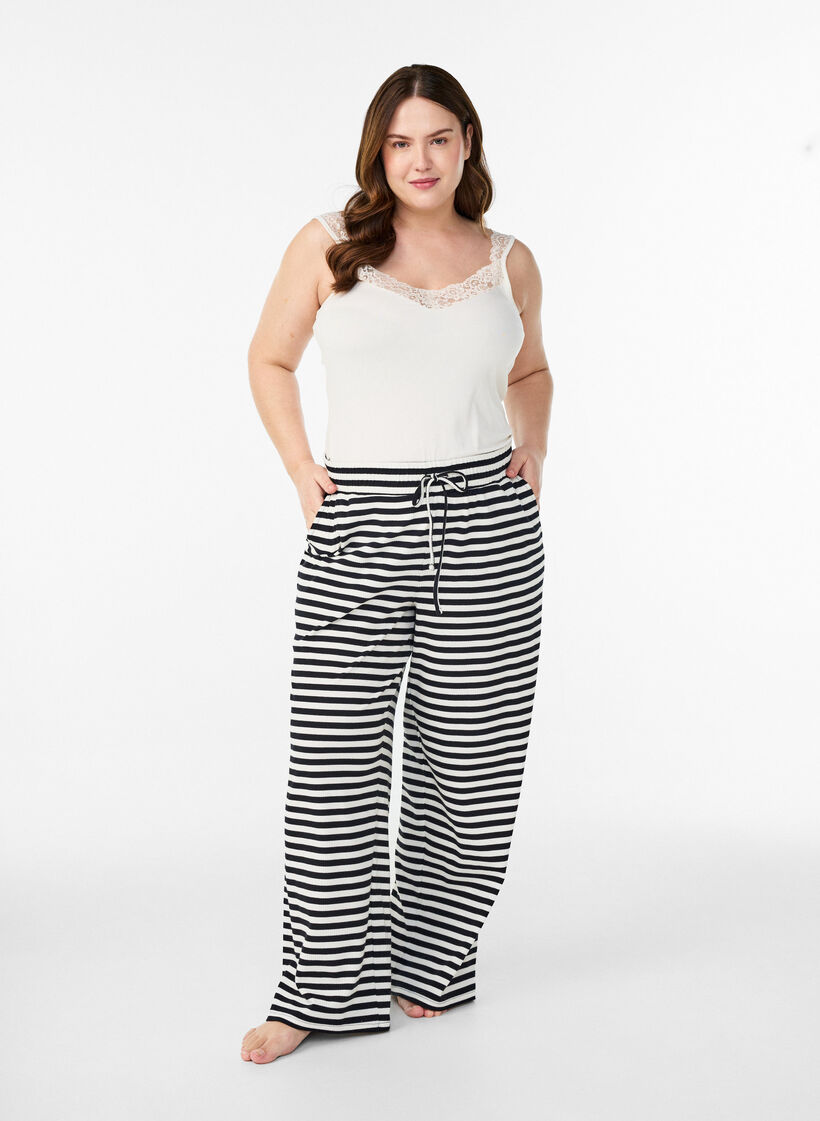 Striped pyjama trousers with a high waist and wide legs, Black, Model image number 0