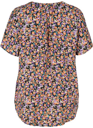 Printed blouse with short sleeves, Black Flower AOP, Packshot image number 1
