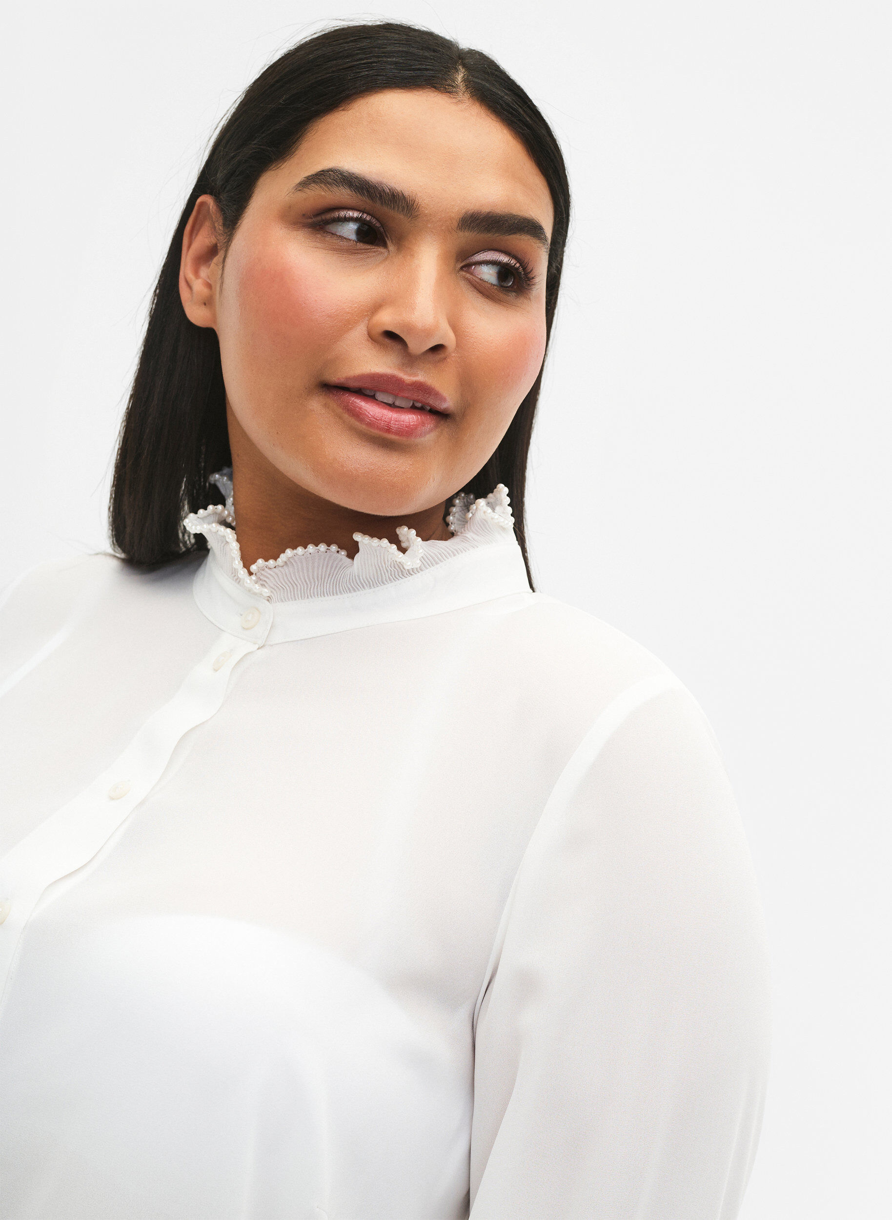 Zizzifashion Shirt blouse with ruffle details, Bright White, Model image number 2