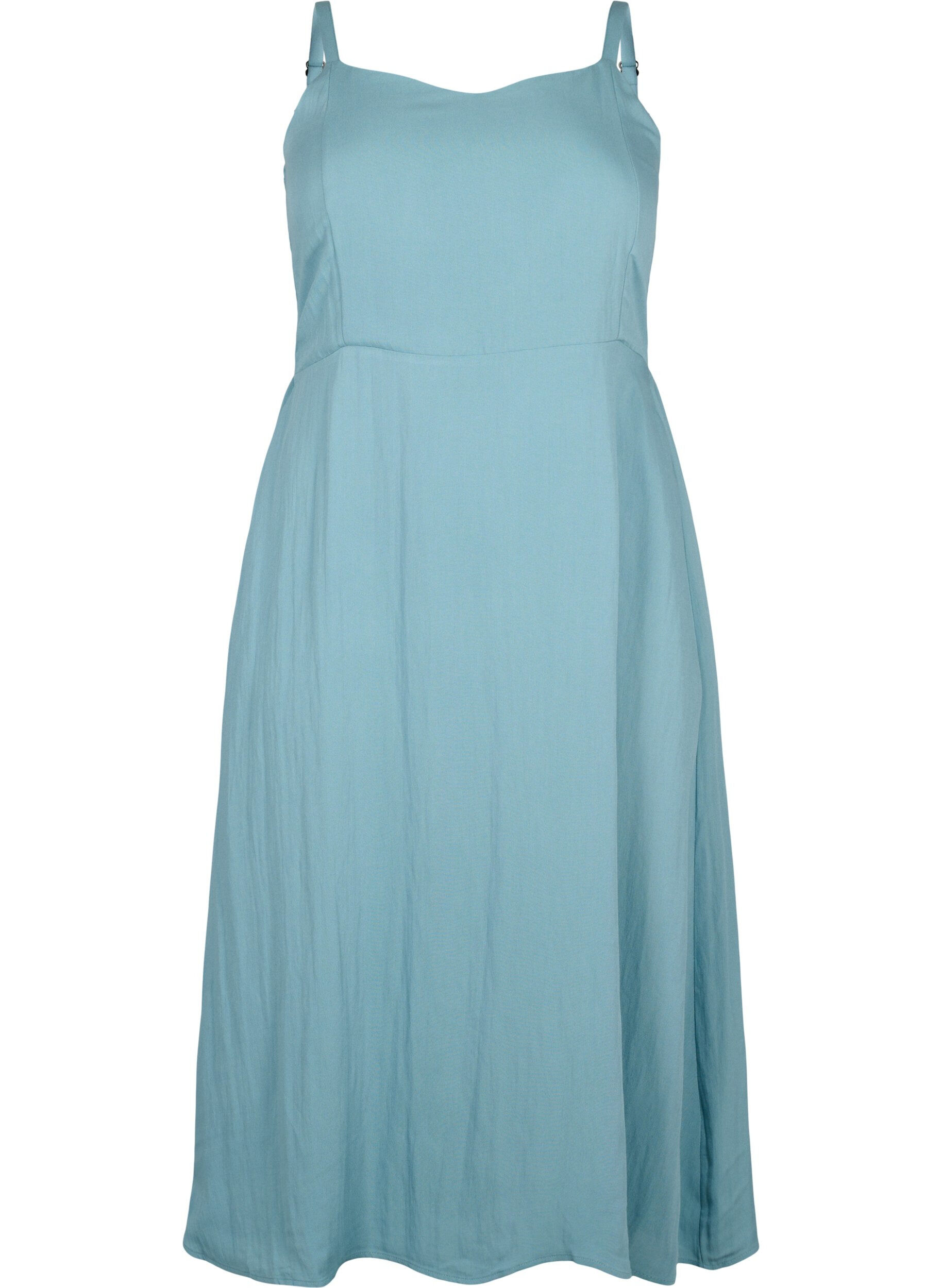 Zizzifashion Plain coloured viscose strap dress with smock, Smoke Blue, Packshot image number 0