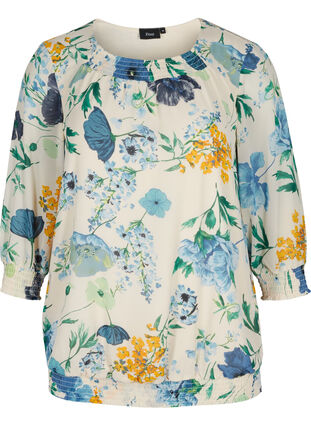 Floral blouse with 3/4 sleeves and smock detail, AOP Flower, Packshot image number 0