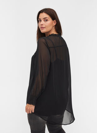 High neck blouse with smocking and ruffle detailing, Black, Model image number 1