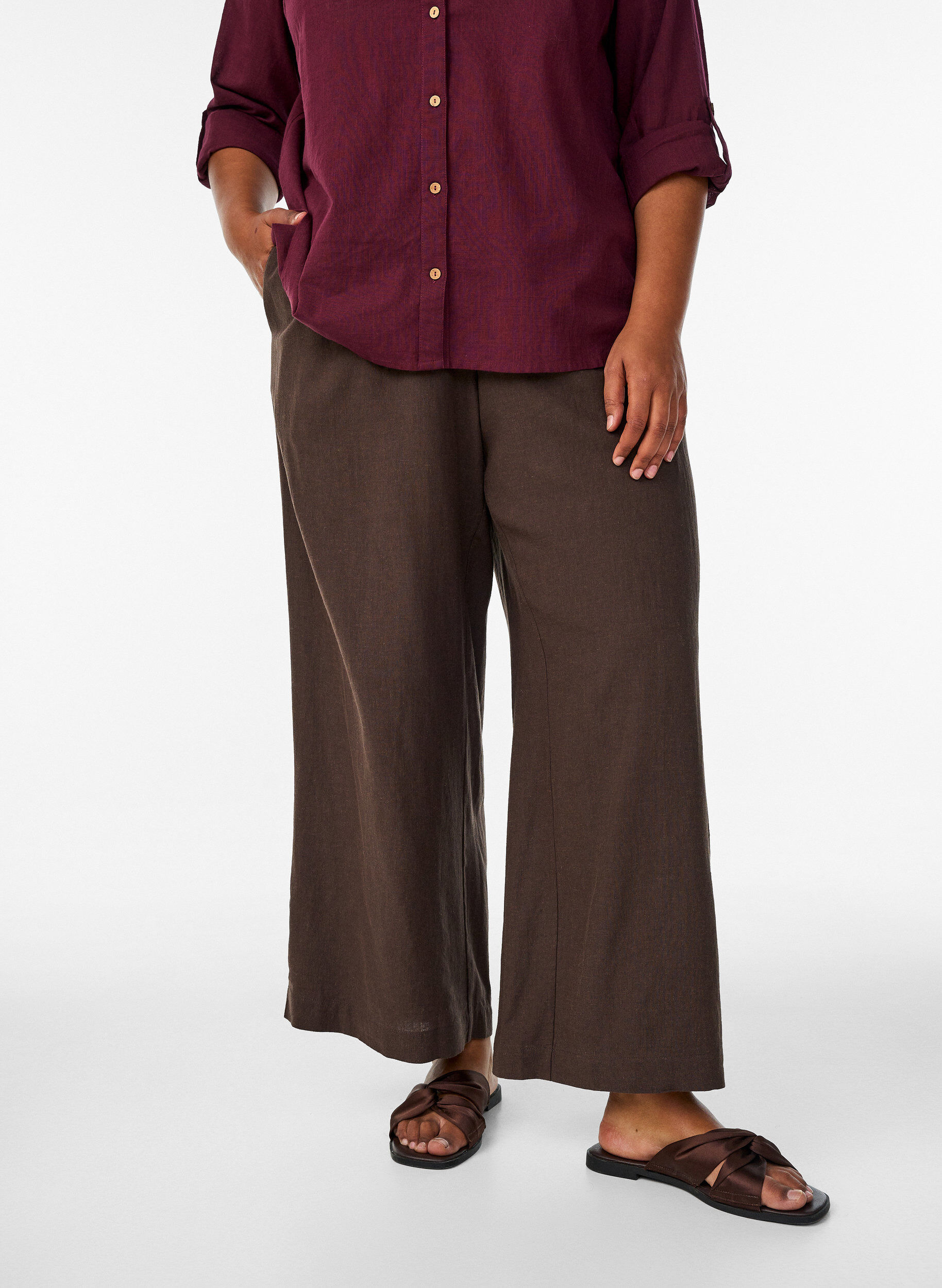 Zizzifashion Wide-leg linen and viscose trousers, Brown, Model image number 2