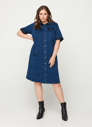 Short-sleeved denim dress, Blue denim, Model image number 2