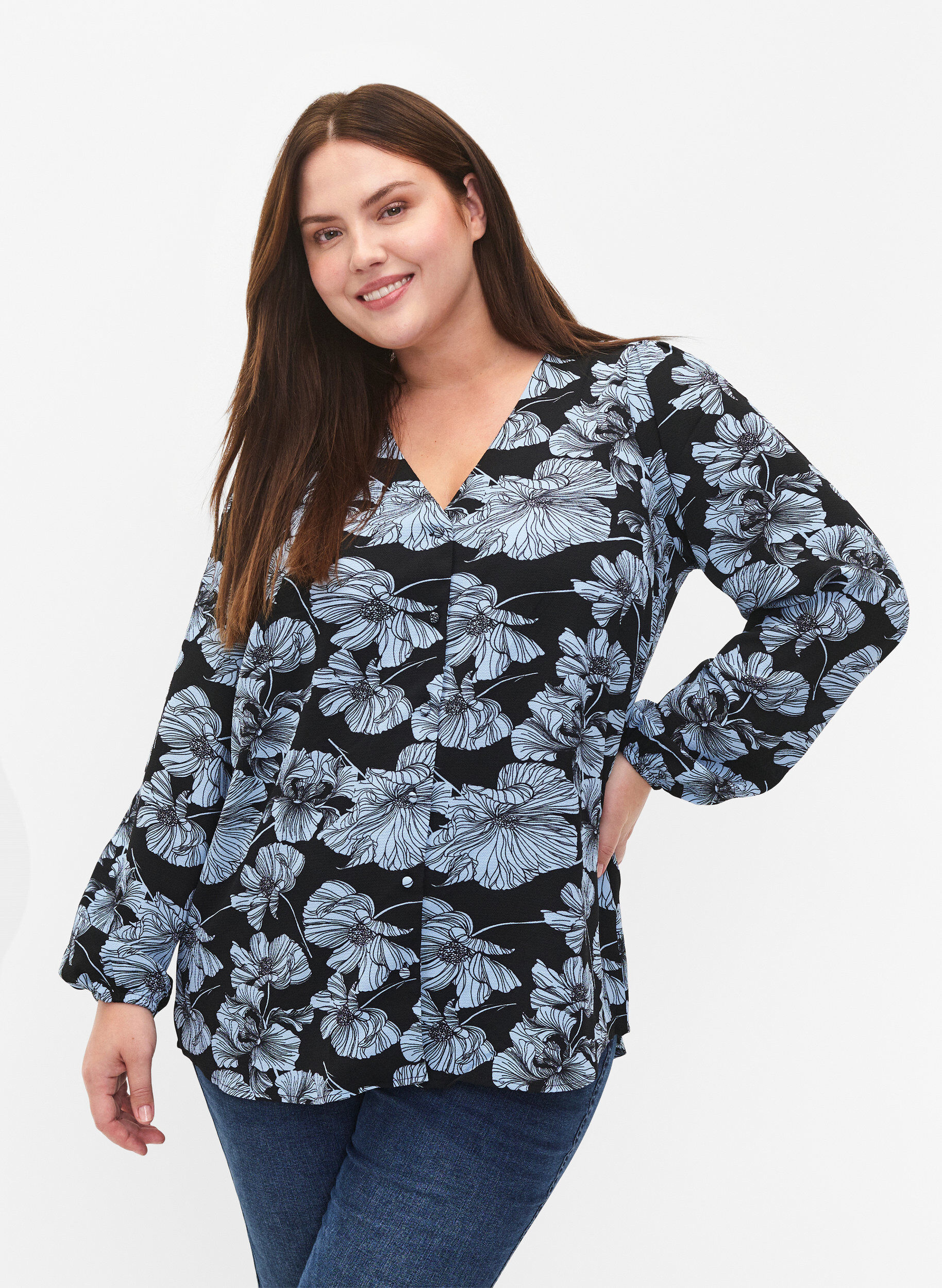 Zizzifashion Shirt blouse with v-neck and print, Black B. Flower AOP, Model image number 0