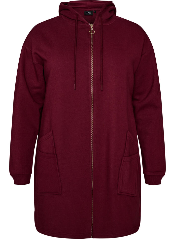 Long hooded cardigan with zipper, Red, Packshot image number 0